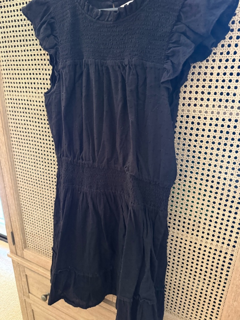 LOFT Black Smocked Mini Dress with Ruffle Cap Sleeves